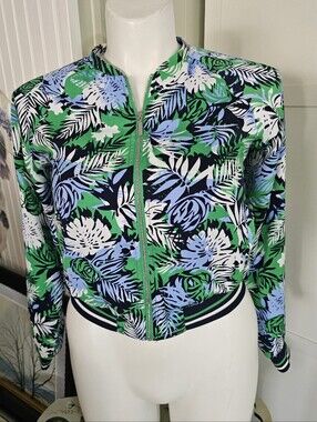 Kira Plastinina Tropical Bomber Jacket Womens M Green Blue Leaf Print Full